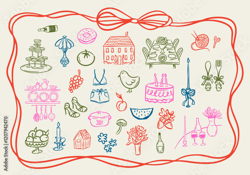 Set of whimsical hand-drawn cottage core, food and drink illustartion in trendy vintage style. Perfect for quirky wedding holiday, dinner and bar menu, bachelorette party, birthday invitation, sign