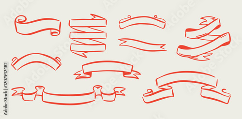 Set of elegant whimsical hand-drawn pink blue orange green color banners with wavy squiggle curly ribbons in trendy, vintage styles. Perfect for quirky holiday, wedding, birthday gift decorations