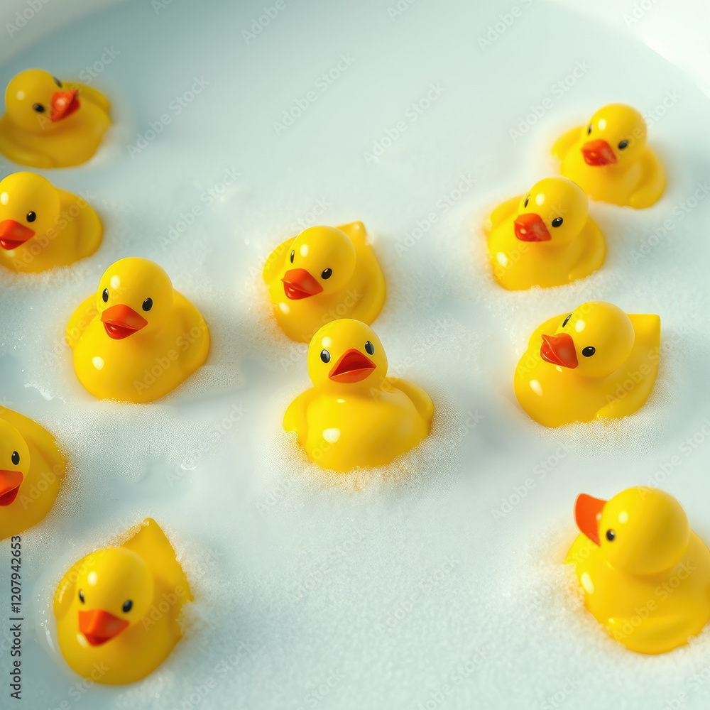 Close-up of a group of yellow rubber ducks bobbing in a fizzy bath, rubber duckies, bathtub, toy, splashing Close-up of a group of yellow rubber ducks bobbing in a fizzy bath, rubber duckies, bathtub, toy, splashing
