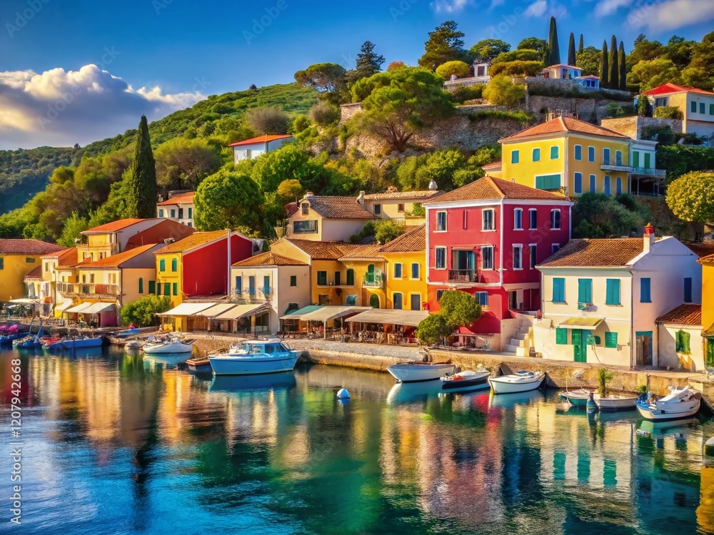 Tranquil Loggos Fishing Village, Paxos Island, Greece - AI Photo Tranquil Loggos Fishing Village, Paxos Island, Greece - AI Photo