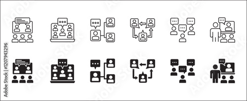 Business conference icon set. Presentation and meeting icons. Contains symbols of online conference, briefing, project, schedule, strategy, seminar, sales presentation, profile company, plan.