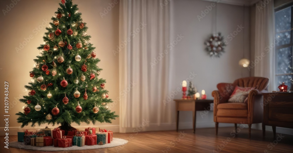 Christmas tree decorated with ornaments and lights, festive, seasonal Christmas tree decorated with ornaments and lights, festive, seasonal