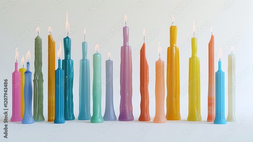 A group of color-blocked candles standing upright on a bright white background A group of color-blocked candles standing upright on a bright white background