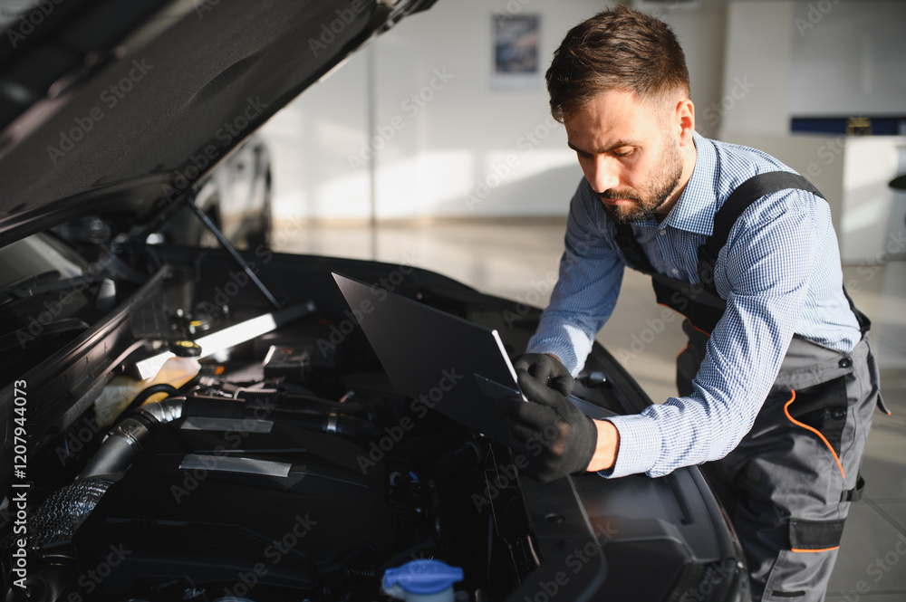 Mechanic Uses a Computer with an Augmented Reality Diagnostics Software. Specialist Inspecting Car's Engine to Quickly Spot Broken Components. Premium Car Service Mechanic Uses a Computer with an Augmented Reality Diagnostics Software. Specialist Inspecting Car's Engine to Quickly Spot Broken Components. Premium Car Service