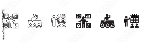 Business presentation icon set. Meeting and conference icons. Contains symbols of online conference, briefing, project, schedule, strategy, seminar, sales presentation, profile company, plan.