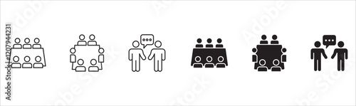 Business Meeting icon set. Presentation and conference icons. Contains symbols of online conference, briefing, project, schedule, strategy, seminar, sales presentation, profile company, plan.