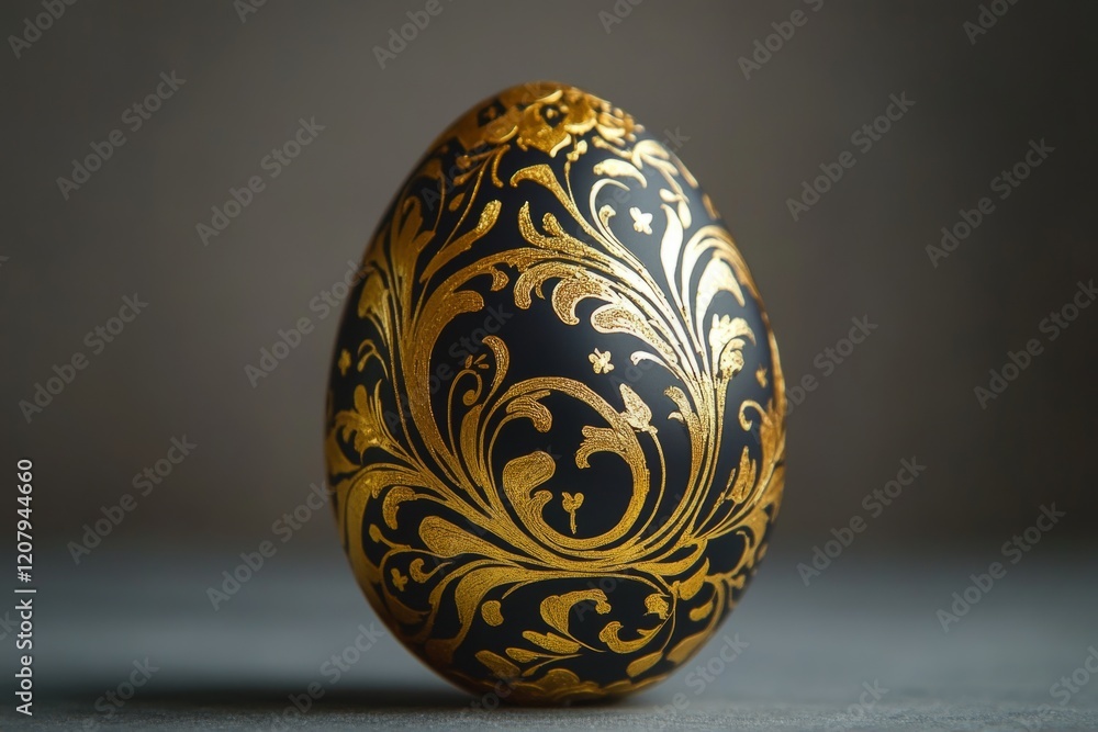 Luxurious black easter egg decorated with intricate gold floral patterns, creating a sophisticated and elegant centerpiece for spring celebrations Luxurious black easter egg decorated with intricate gold floral patterns, creating a sophisticated and elegant centerpiece for spring celebrations