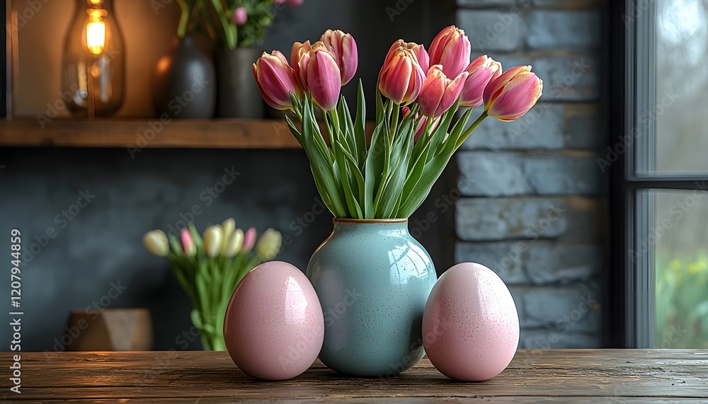 Obraz premium Beautiful Arrangement of Spring Tulips in a Soft Blue Vase with Pink Easter Eggs on a Wooden Table in a Cozy Indoor Setting