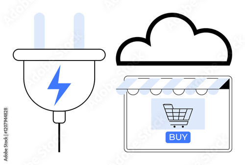 Power plug with lightning bolt, cloud, and online shopping storefront with BUY button. Ideal for digital commerce, cloud solutions, energy efficiency, e-commerce, tech innovation, online shopping