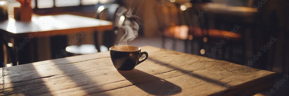 Obraz premium Shadow of steaming coffee cup on rustic wooden table in cafe