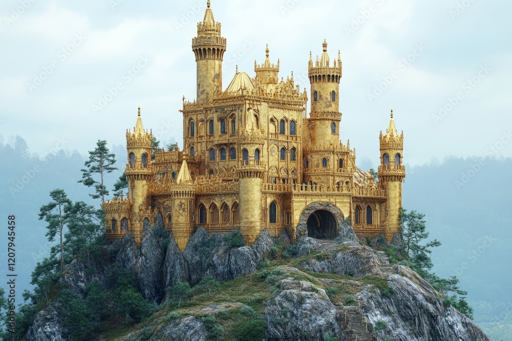 Obraz premium Majestic golden castle built on top of a rocky mountain peak, surrounded by lush vegetation and a misty, ethereal atmosphere