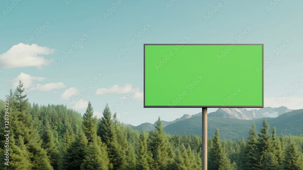 Green Screen Billboard in Rural Landscape with Pine Trees and Mountains Under a Clear Blue Sky for Advertising and Nature Conceptual Design Green Screen Billboard in Rural Landscape with Pine Trees and Mountains Under a Clear Blue Sky for Advertising and Nature Conceptual Design