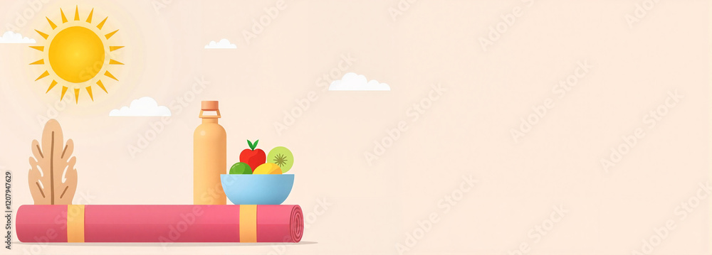 Healthy lifestyle setup with yoga mat, bottle, and fruits Healthy lifestyle setup with yoga mat, bottle, and fruits