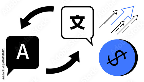 Arrows pointing between two speech bubbles with A and a character, indicate language translation. A blue circle with a dollar sign and arrows suggesting monetary growth. Ideal for language services