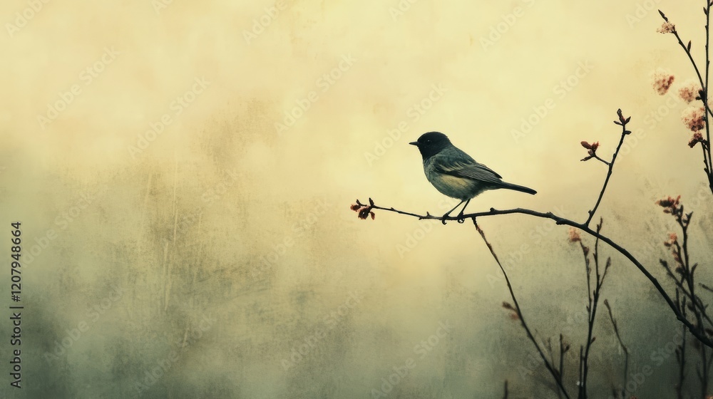 Fototapeta premium A subtle design featuring a single bird perched on a thin branch against a soft, empty background