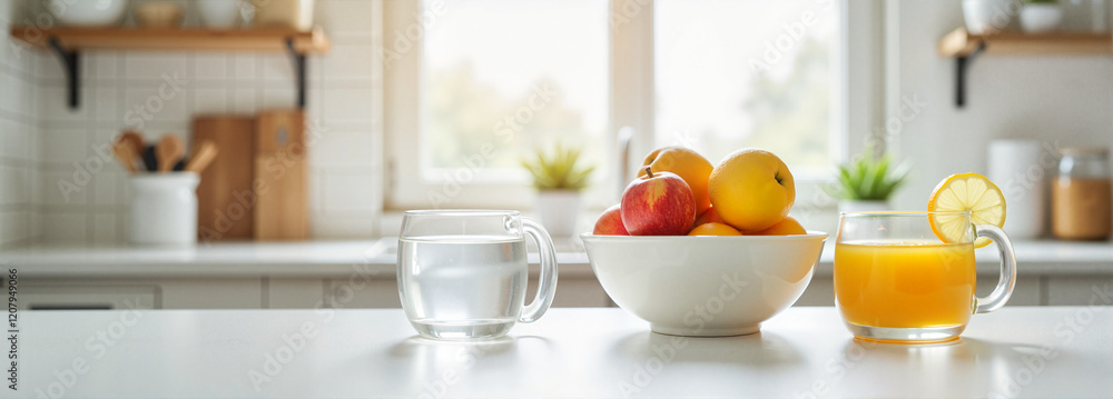 Variety of fruits with lemon water and juice on kitchen counter Variety of fruits with lemon water and juice on kitchen counter