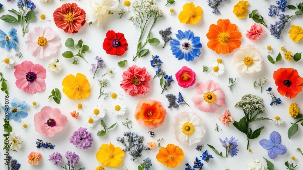 Overhead view of various colorful flowers and leaves arranged on a white surface, creating a vibrant and beautiful pattern Overhead view of various colorful flowers and leaves arranged on a white surface, creating a vibrant and beautiful pattern