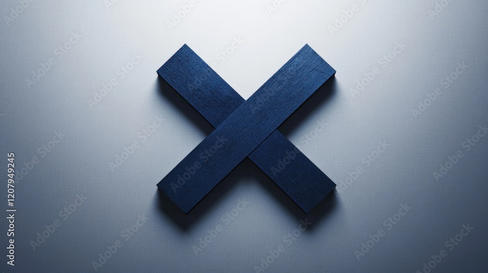 Obraz premium Dark blue wooden X symbol on light grey background.