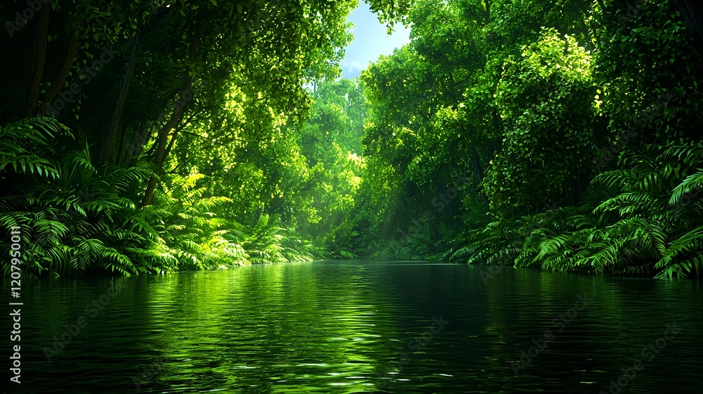 Obraz premium Lush Green Jungle River Reflection with Vibrant Foliage and Sunlight
