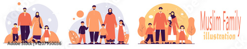 A flat illustration of a Muslim family with a father, mother, and children.