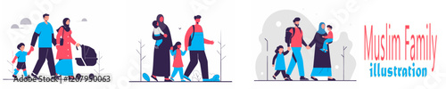 A flat illustration of a Muslim family with a father, mother, and children.