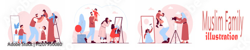 A flat illustration of a Muslim family with a father, mother, and children.