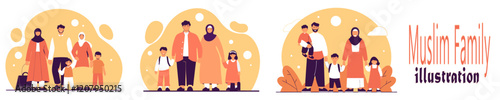 A flat illustration of a Muslim family with a father, mother, and children.