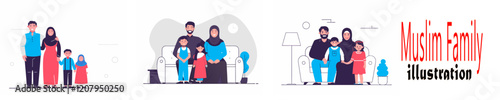 A flat illustration of a Muslim family with a father, mother, and children.