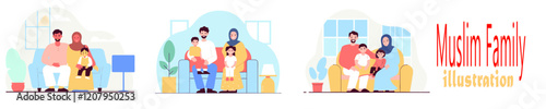 A flat illustration of a Muslim family with a father, mother, and children.
