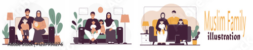 A flat illustration of a Muslim family with a father, mother, and children.