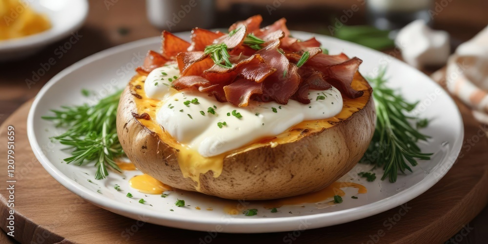 Baked potato topped with a generous helping of crispy bacon, melted cheese, sour cream, and chives on a plate, delicious, food Baked potato topped with a generous helping of crispy bacon, melted cheese, sour cream, and chives on a plate, delicious, food