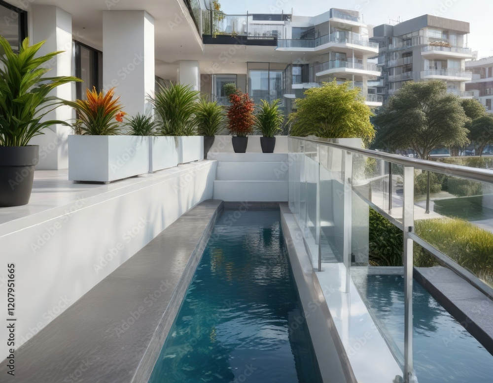 Fototapeta premium Balcony with white glass railings and water feature in the background, balcony, outdoor space