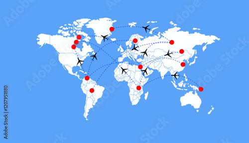 Dotted Direction Paths And Map Pointers Over World Map., Airplanes World Map, Vector illustration 