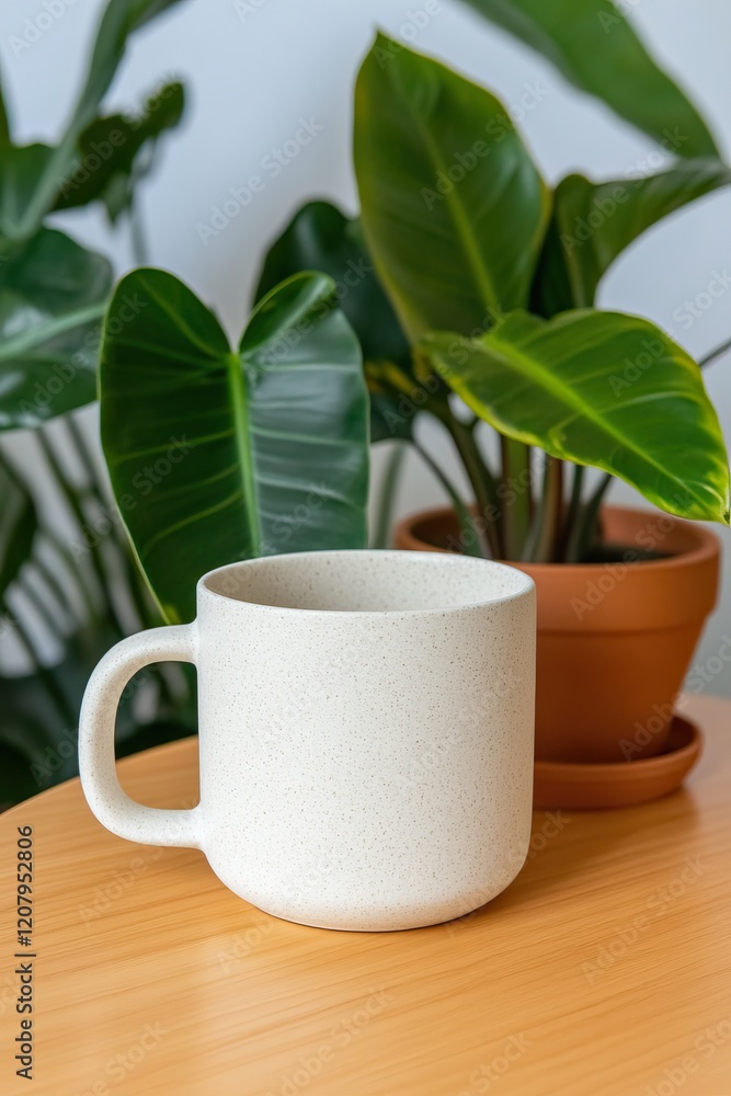 A ceramic mug on a wooden table surrounded by lush green plants. A ceramic mug on a wooden table surrounded by lush green plants.