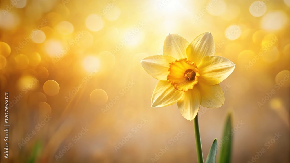 A single yellow daffodil blossoms in a sunlit field, bathed in warm golden light and bokeh A single yellow daffodil blossoms in a sunlit field, bathed in warm golden light and bokeh