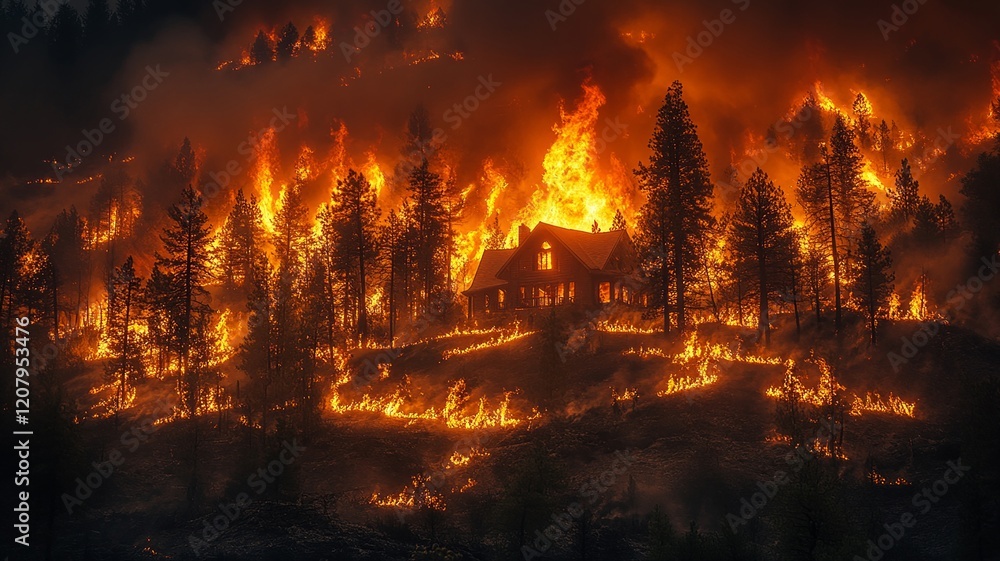 Cabin Engulfed in Flames During a Forest Wildfire at Night Cabin Engulfed in Flames During a Forest Wildfire at Night