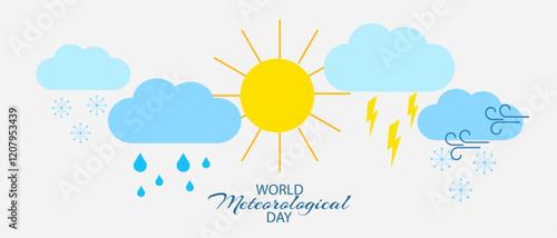 World Meteorological Day illustration with weather icons including sun, clouds, rain, snowflakes, wind, and lightning.