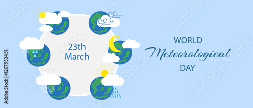 World Meteorological Day illustration with Earth and weather icons showcasing clouds, rain, sun, and wind on March 23.