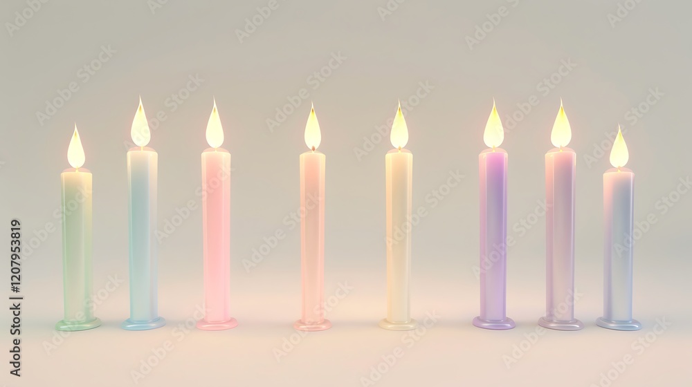 A set of pastel-colored candles glowing softly against a pristine white surface A set of pastel-colored candles glowing softly against a pristine white surface