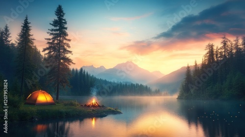 Campfire serenity sunset camping by the lake nature scene tranquil environment scenic viewpoint outdoor adventure photo