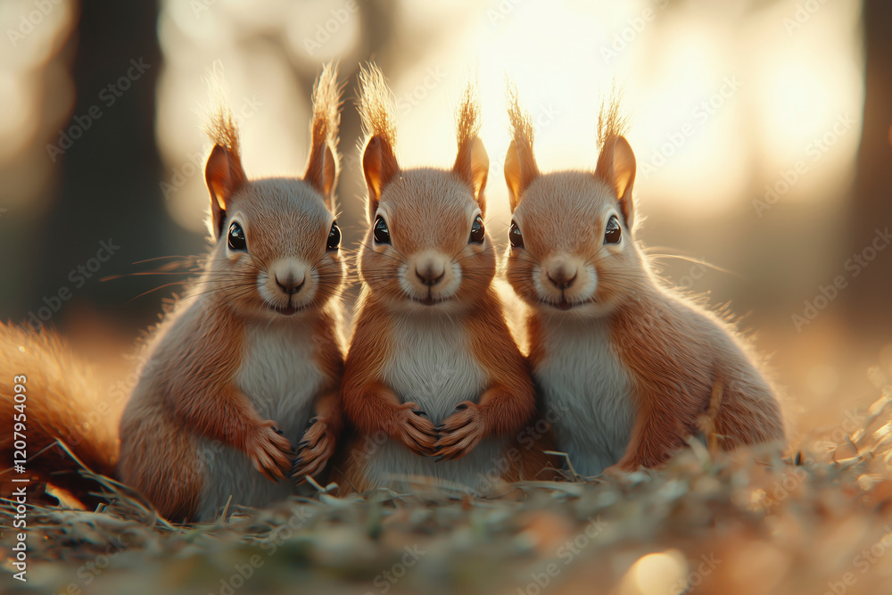 Trio of Squirrels at Sunset: A Captivating Wildlife Portrait Trio of Squirrels at Sunset: A Captivating Wildlife Portrait