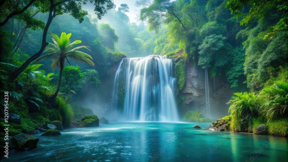 Fototapeta premium Aqua falls from a misty waterfall in the middle of a jungle, waterfall, tropical, natural, outdoors