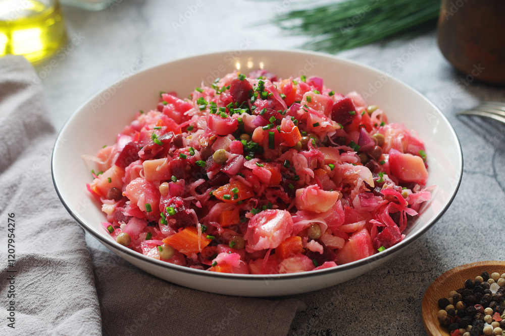 A bowl with Vinegret salad, a typical Russian dish A bowl with Vinegret salad, a typical Russian dish