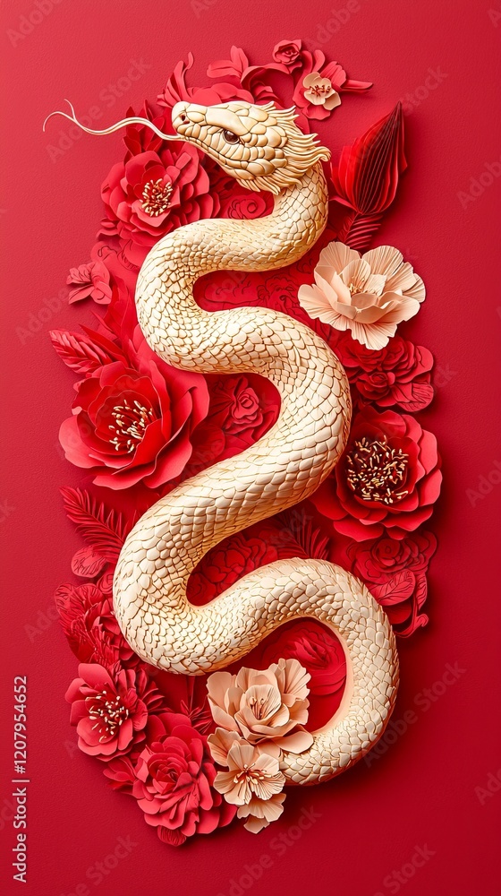 Obraz premium A sculptural white snake intertwined with vibrant red flowers against a bold red backdrop, creating a striking and elegant visual composition.