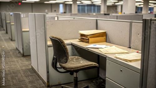 An empty office cubicle with a worn chair and a few scattered files on a metal desk, files, drab, worn chair, empty space