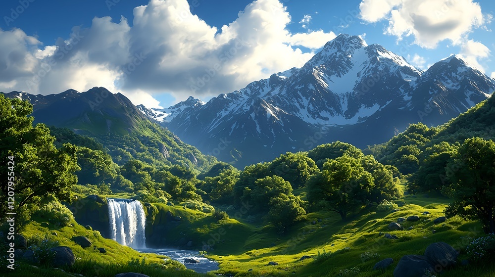 Fototapeta premium Serene Mountain Landscape with Lush Green Valleys and Waterfall