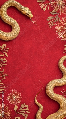 Wallpaper Mural A vibrant red background features golden snakes and floral designs, creating a striking and festive atmosphere. Torontodigital.ca