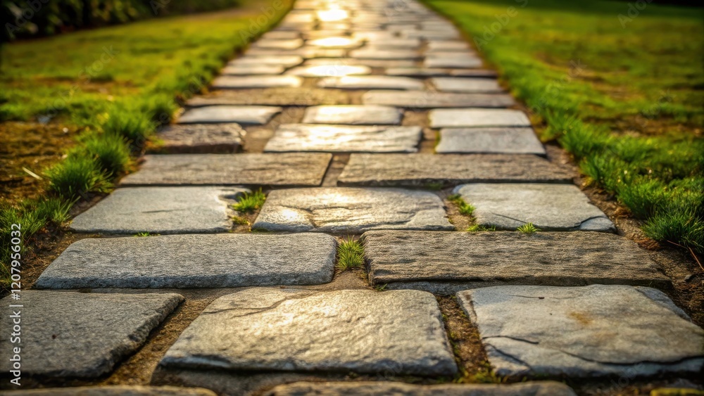 Sunlit Stone Path Leading Through Lush Green Grass