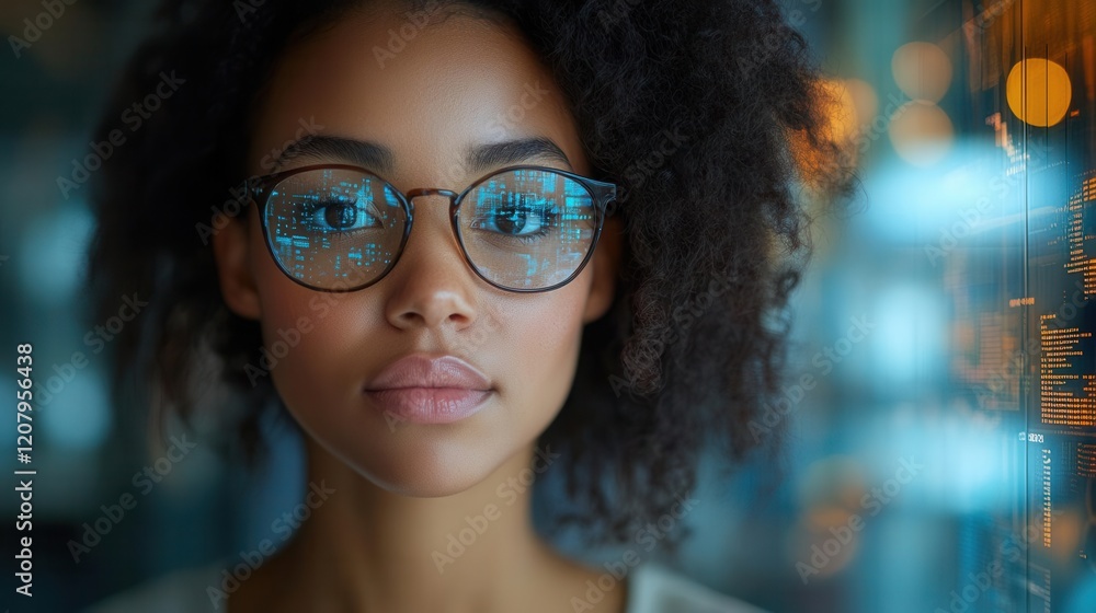 professional woman analyzing holographic data visualization surrounded by floating 3d charts in modern glasswalled office professional woman analyzing holographic data visualization surrounded by floating 3d charts in modern glasswalled office