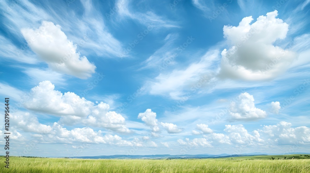 Expansive Skies Over Lush Green Fields with Fluffy Clouds on a Bright Sunny Day Expansive Skies Over Lush Green Fields with Fluffy Clouds on a Bright Sunny Day